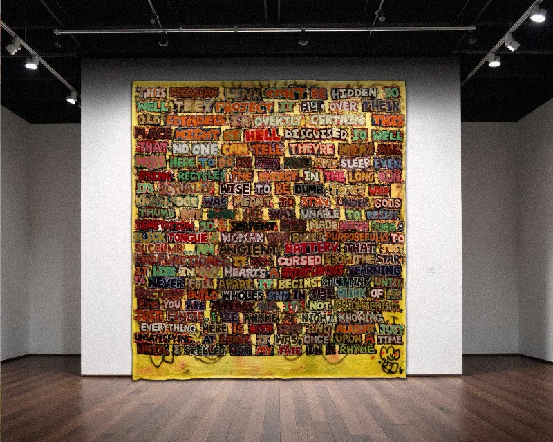 A mock-up of Kim's largescale tapestry titled Prophecy on a gallery wall