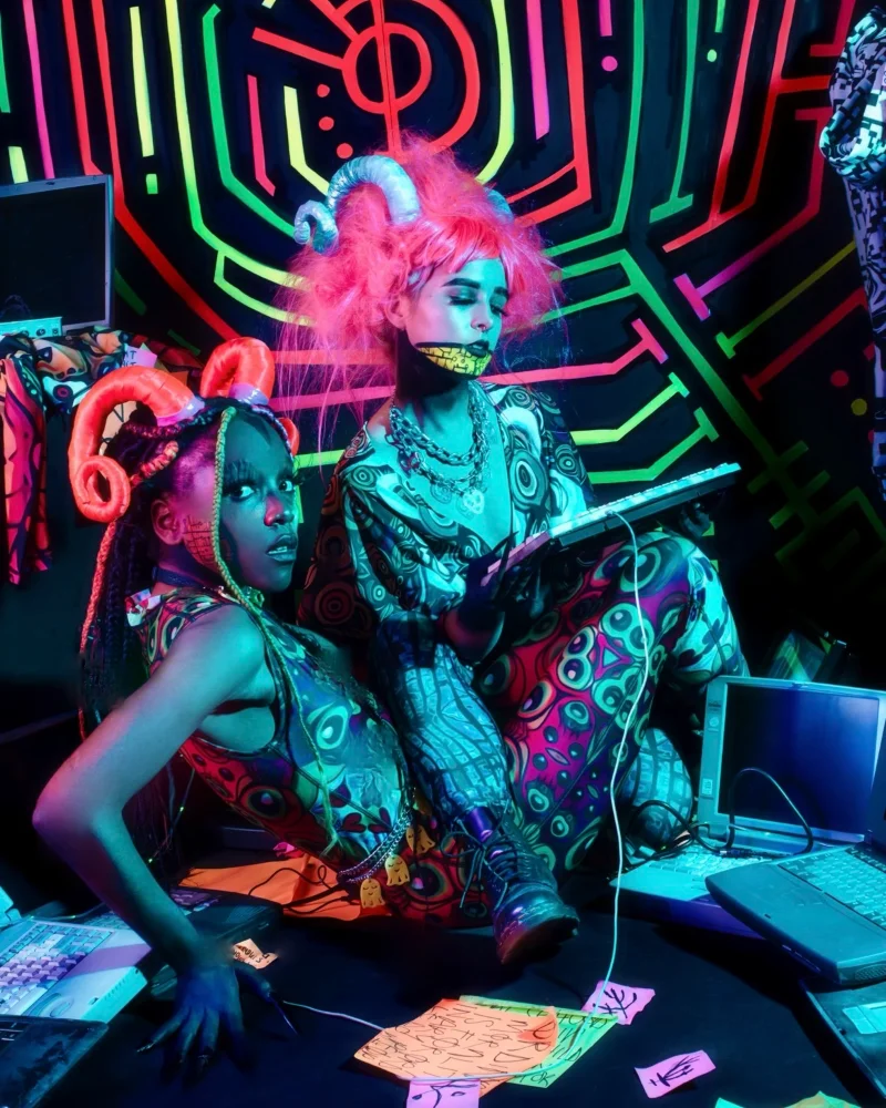 Models sit under ultra-violet light surrounded by old computers and keyboards. They wear horns on their heads. One has a fluorescent pink wig. They have a cybernetic pattern painted on their faces. The background looks like a futuristic UV maze.