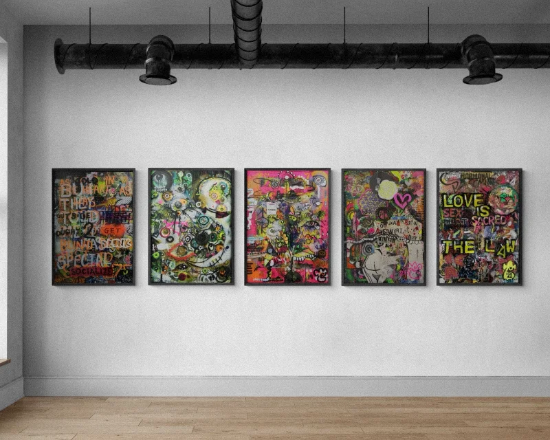 A mock-up of the mixed-media artworks which form part of Kim's first collection titled 'I am Piffy' there are 5 artworks on a clean, white wall of a clean gallery with industrial fittings on the ceiling