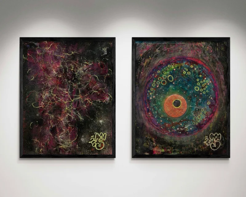 Two pieces from Kim's series titled 'Pine' on a white wall. On the left is a piece titled 'Communion' which is a representation of the mycelium network and on the left is 'Division' a figurative representation of a cell