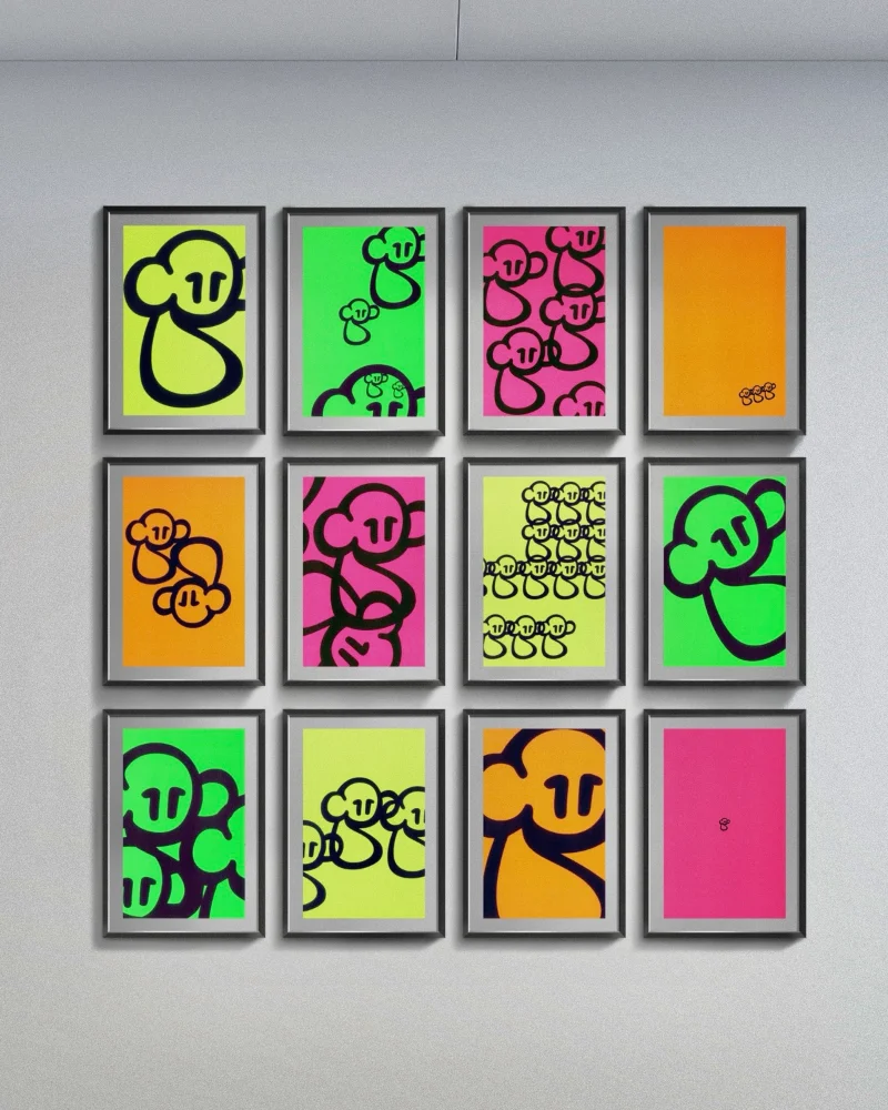 A mock-up of Kim's artwork titled 'Part of a multi-pack not for resale' featuring 12 individual A4 frames with Kim's logo screen-printed onto flourescent backgrounds