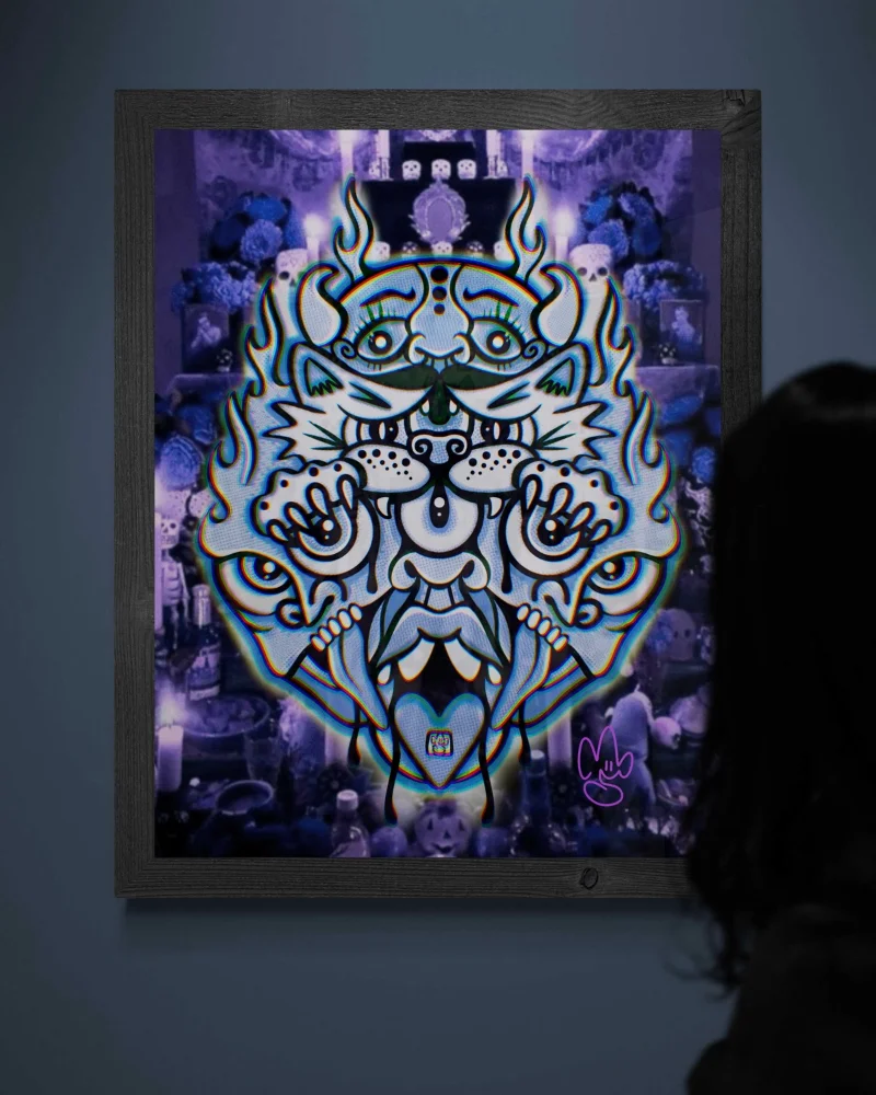 A mock-up of a purple and blue illustration of a polycephalic deity which contains a demon with multiple eyes and tongues, a cat, and a mustached devil