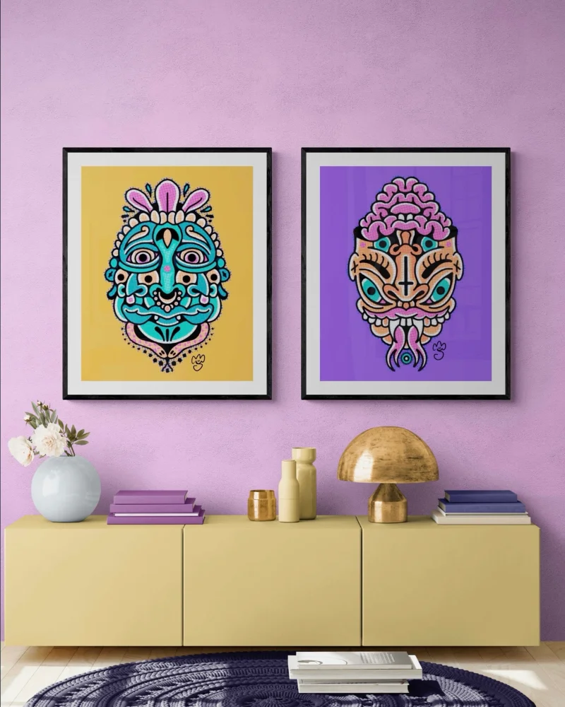 A mock-up of two 'head' illustrations - one is a blue head which represents a shaman on a yellow background and the other is a yellow demon with snake tongues on a purple background. The wall behind them is pink and below them are a yellow set of cabinets with various items on top such as books, a lamp, and a vase.
