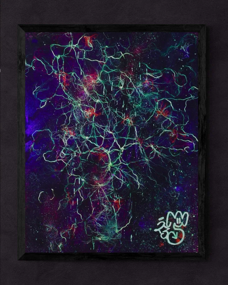 Kim's artwork 'Communion' from her Pine collection as it appears under ultra-violet light. The tactile design has luminescent yellow strands poking out of pink mesh contained in a deep dark blue.