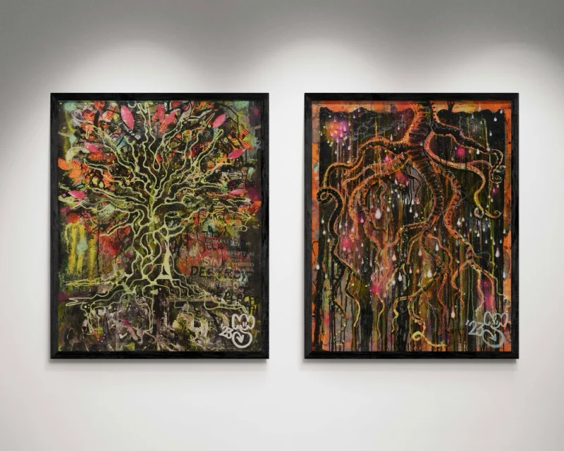 2 artworks from Kim's collection titled Pine, on a white wall. The image on the left is a figurative representation of a tree in mixed-media format titled 'Solastalgia' and the piece on the right is a figurative representation of plant roots and soil titled 'Antagony'