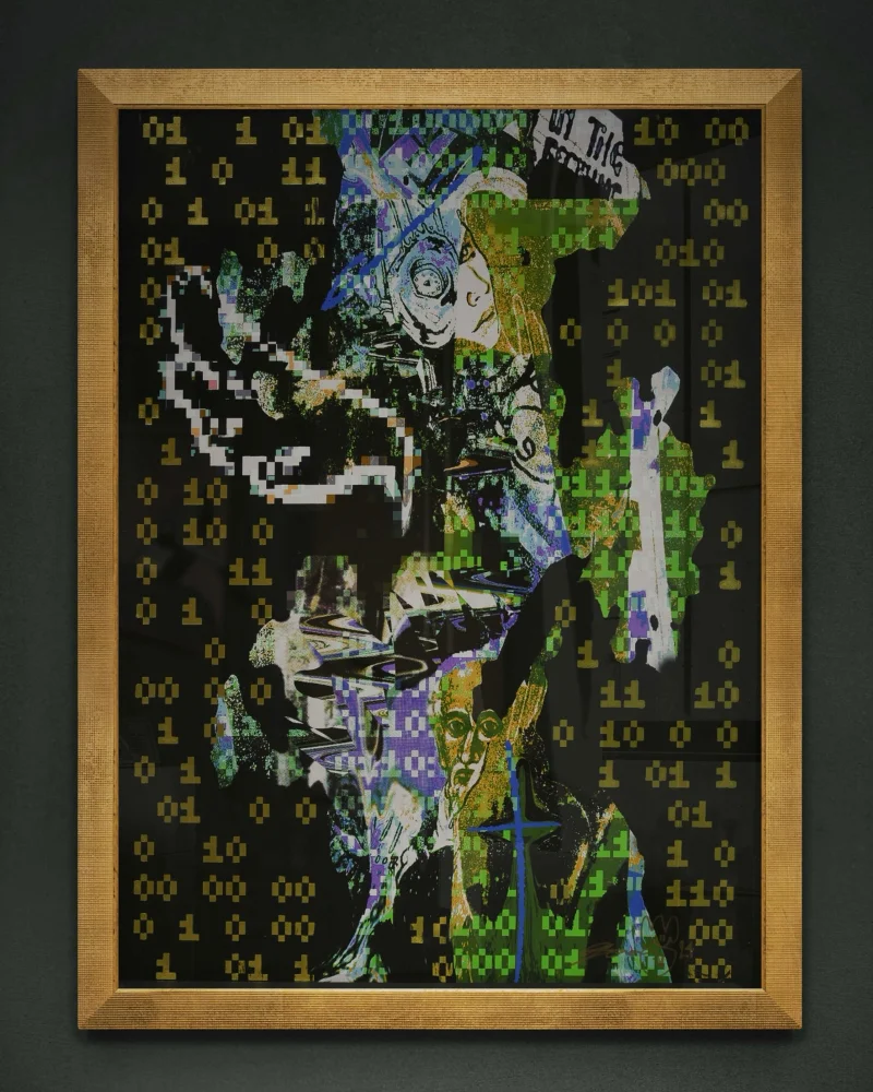 Kim's artwork titled 'The Woman' inside a gold frame - a bionic woman with pixellated wings looks back over her shoulder. She is surrounded by gilded binary notations.