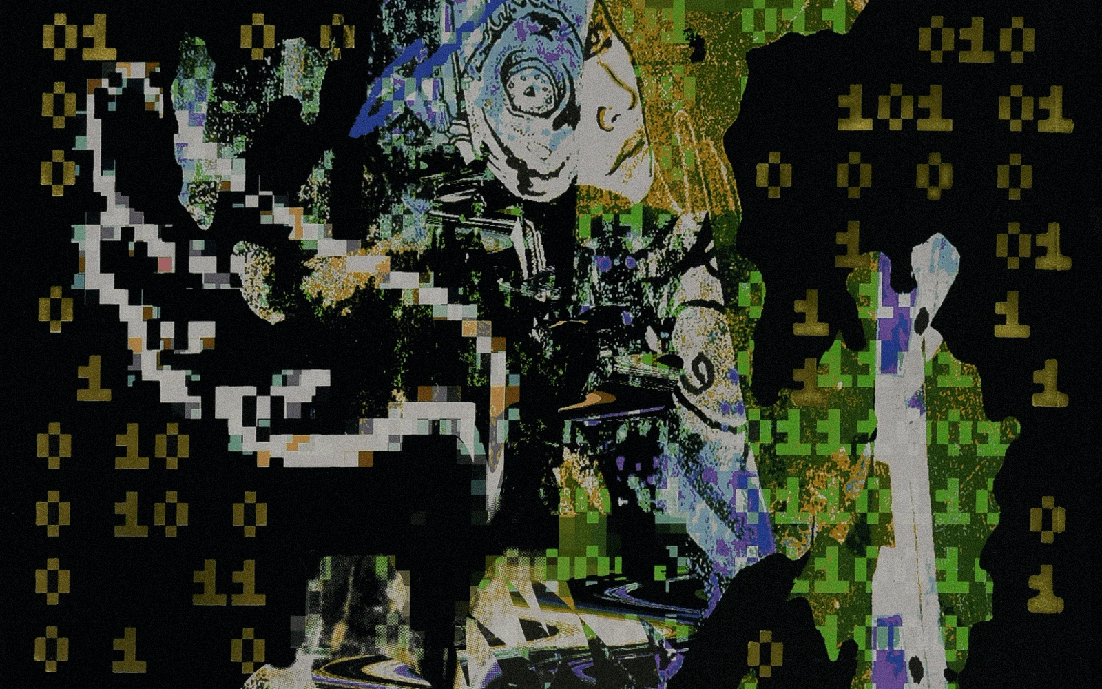 'Techno Angel' a fine art print by showcasing a bionic woman looking backwards over her shoulder, surrounded by guilded golden, falling binary notations
