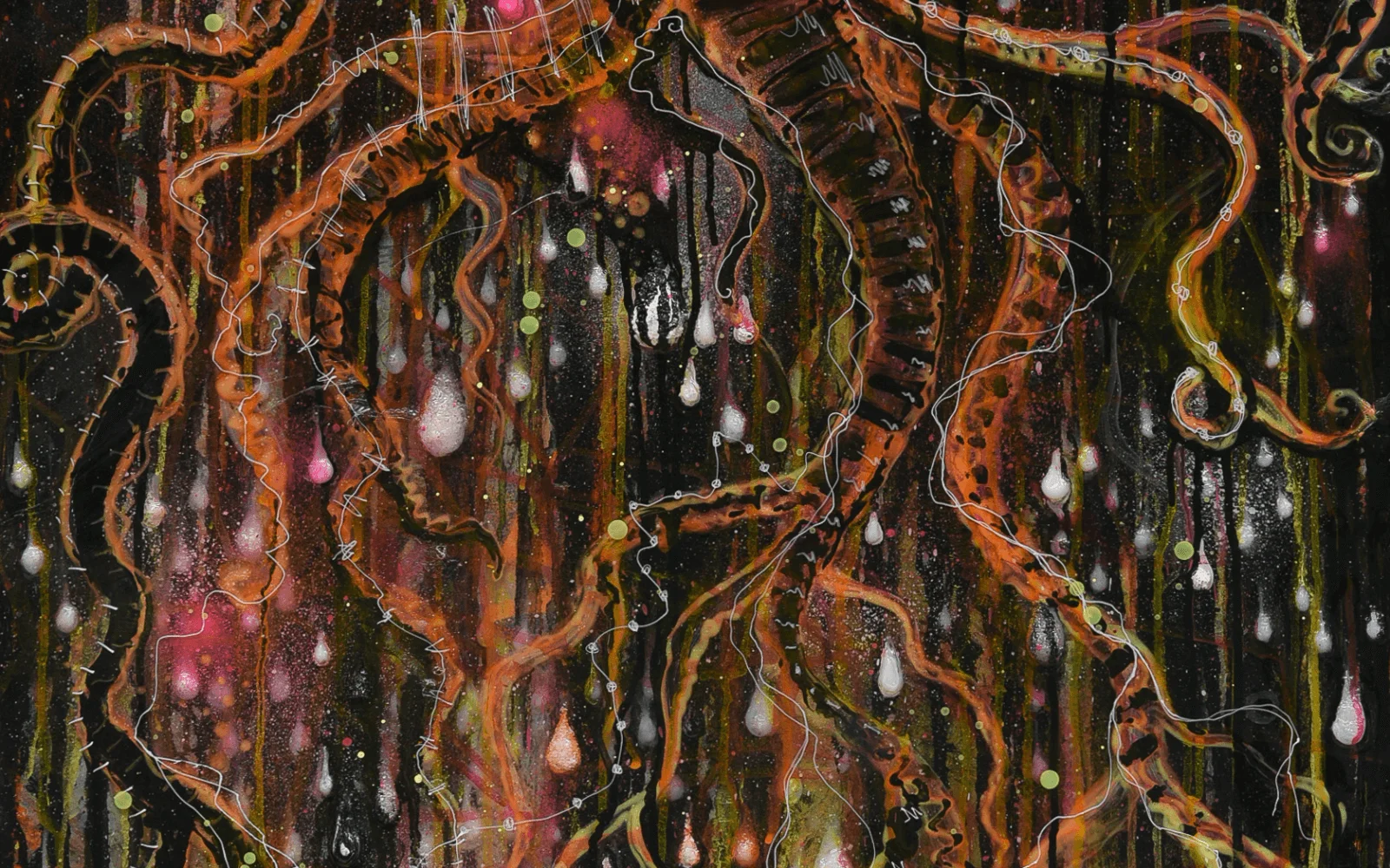 'Antagony' a mixed media, abstract, representation of soil, the hummus layer and root structures using neon orange, pink, and black hues by Piffy.