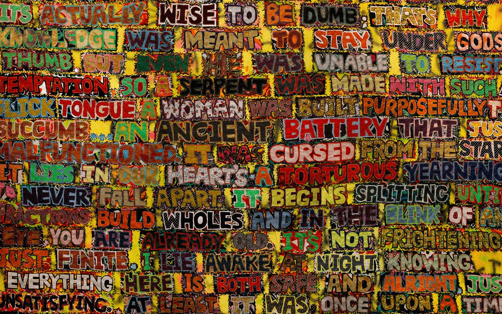 'Prophecy' a large-scale fine art textiles banner with philosophical poetry appliqu´e by Piffy